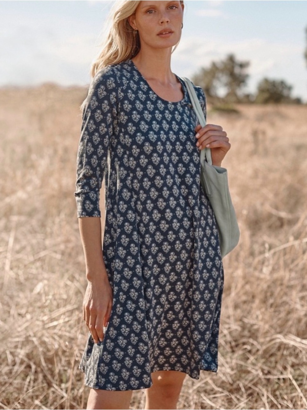 Garnet Hill Navy Floral 3/4 Sleeve Swing Dress
